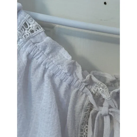 MICHAEL KORS White Cotton Short Sleeve Lace Up Eyelet Peasant Blouse Top L - Picture 3 of 8